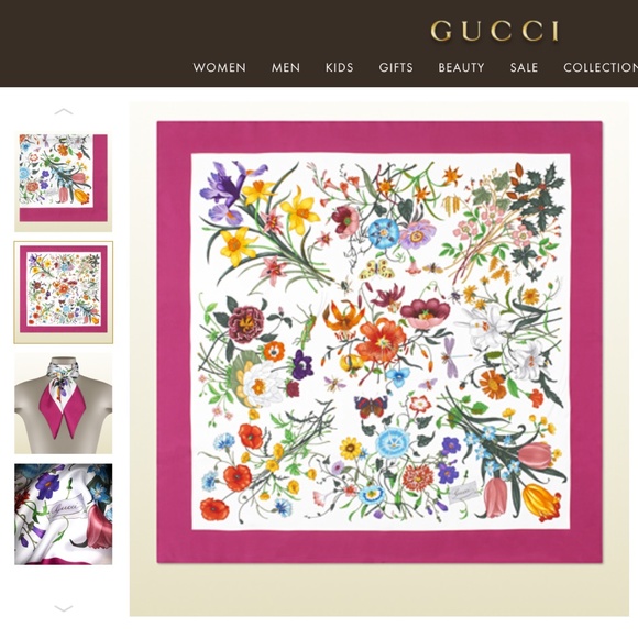 Display # 2 Gucci Scarf Flora Print Multicolor Pink Border Silk Wrap - Picture 8 of 14